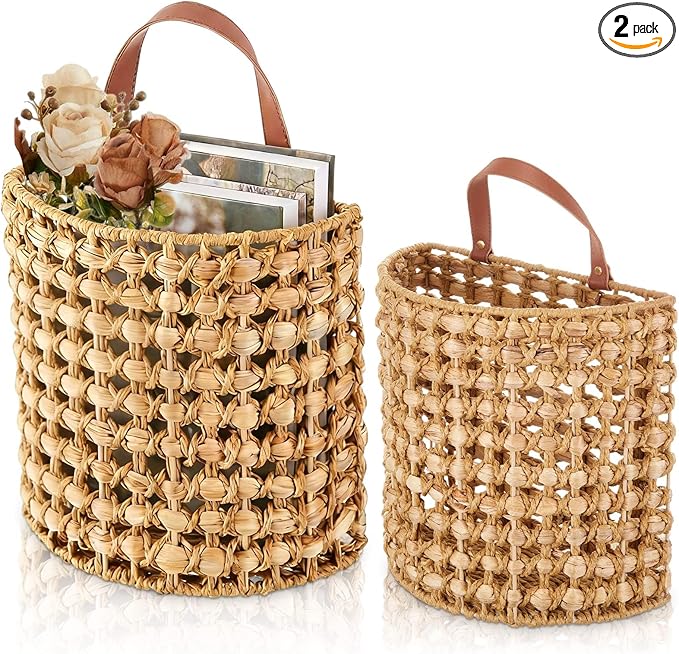 Chunful 2 Pcs Water Hyacinth Hanging Wicker Basket, Natural Wicker Decorative Baskets, Handmade Woven Storage Organizer for House Garden Wedding Wall Decorations, Large & Small Size(Classic Plaid)