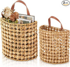 Chunful 2 Pcs Water Hyacinth Hanging Wicker Basket, Natural Wicker Decorative Baskets, Handmade Woven Storage Organizer for House Garden Wedding Wall Decorations, Large & Small Size(Classic Plaid)
