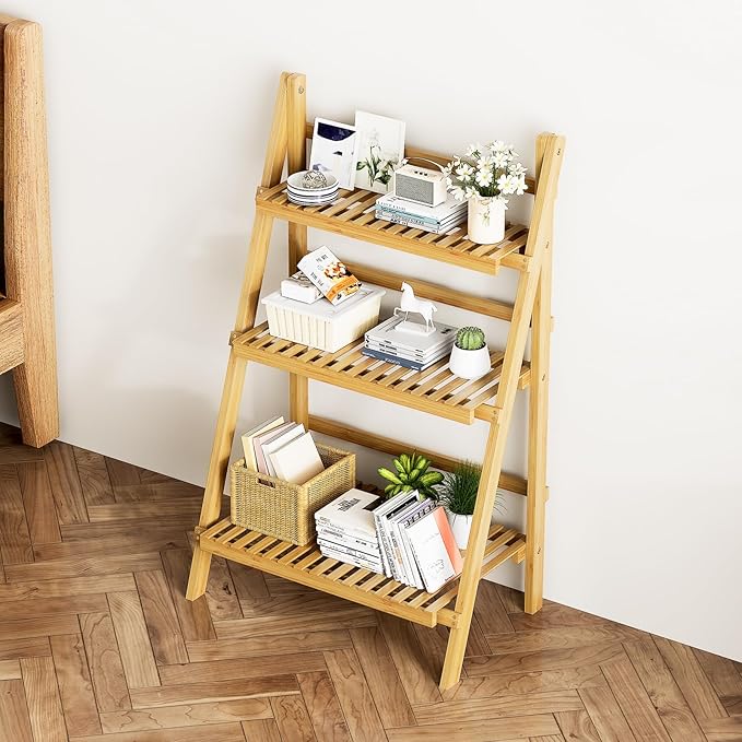 39.4" Foldable Plant Shelf Ladder Shelf, 3 Tier Bamboo Ladder Flower Pot Display Shelf, Freestanding Ladder Bookshelf for Garden, Balcony, Yard, Living Room, 23.6"W x 15"D x 39.4"H, Natural