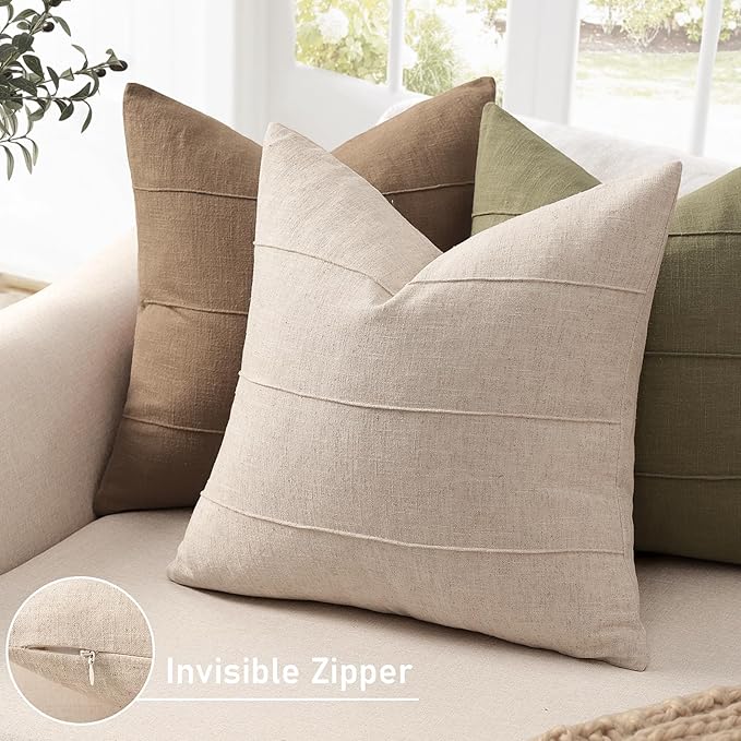 Decorative Linen Throw Pillow Covers 24x24 Set of 2 Solid handcrafted Striped Cushion Covers for Bed Soft Modern Farmhouse Neutral Pillowcase for Couch Bedroom Living Room Home Decor(Natural Beige)