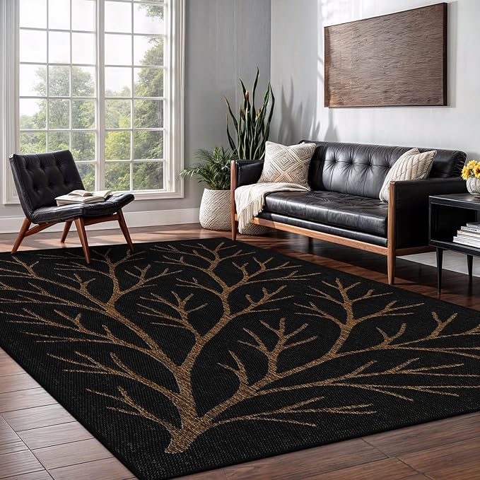 Washable Indoor Outdoor Rug 5x7 Modern Area Rugs Branch Pattern Non Shedding Waterproof Easy Clean Patio Deck Porch Living Room Bedroom Garden RV (5 X 7 Gold)