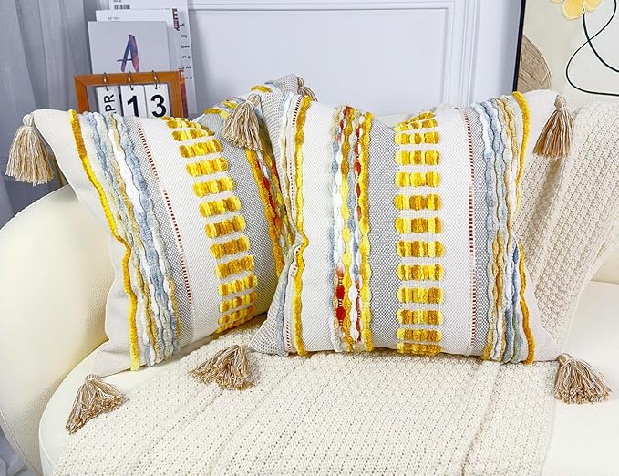 Boho Throw Pillow Covers 16x16 Aesthetic Neutral Boucle Couch Pillow Cover Rainbow Striped Decorative Accent Pillow Case for Couch Bed Sofa Farmhouse,Modern Funky,Set of 2 Yellow-Grey