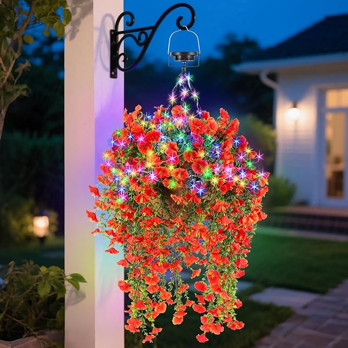 Outdoor Hanging Artificial Flowers Basket: Realistic Fake Plants Basket with Solar String Lights for Home Garden Enthusiasts - 10 Inch Faux Silk Flower Baskets for Porch Wall Patio Tree Decor