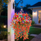 Outdoor Hanging Artificial Flowers Basket: Realistic Fake Plants Basket with Solar String Lights for Home Garden Enthusiasts - 10 Inch Faux Silk Flower Baskets for Porch Wall Patio Tree Decor