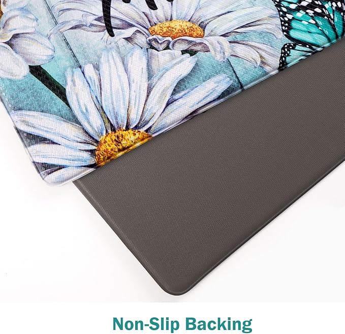 Likiyol Butterfly Floral Kitchen Rugs 2 Piece Farmhouse Kitchen Mats Cushioned Anti Fatigue, Non Slip Washable Kitchen Mats for Floor White Daisy Kitchen Floor Comfort Mats, 18'' x 30'' + 18'' x 48''