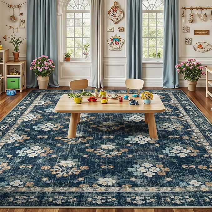 Lessymo Floral Living Room Rug 8x10 Area Rugs, Vintage Washable Rugs for Dining Room Bedroom, Low Pile Non Slip Rubber Mat, Distressed Indoor Boho Carpet, Navy/Beige
