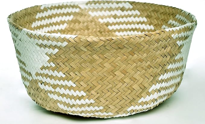 LiloCraft Seagrass Plant Basket XLarge (Size: 14x13inches, Pattem: White Diamond) - TheMulti Functional Home Decor Storage Solution with Eco-Friendly, Woven Basket Planter Indoor with Handles, Round