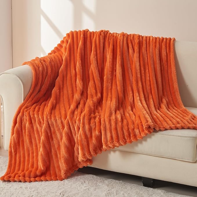 NEWCOSPLAY Super Soft Fall Throw Blanket Orange Premium Silky Flannel Fleece 3D Ribbed Jacquard Lightweight Bed Blanket All Season Use (Orange Ribbed, Throw(50"x60"))