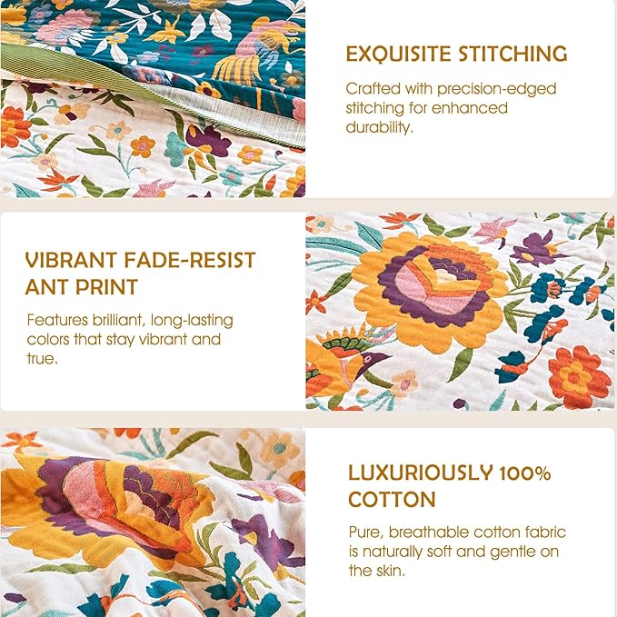 Boho Throw Blanket - 90"x90" 100% Cotton Ultra Soft Lightweight Blanket, 4-Layer Breathable Muslin Spring Blankets for Bed Couch, Reversible Green Floral Bird Printed Bohemian Cotton Quilt