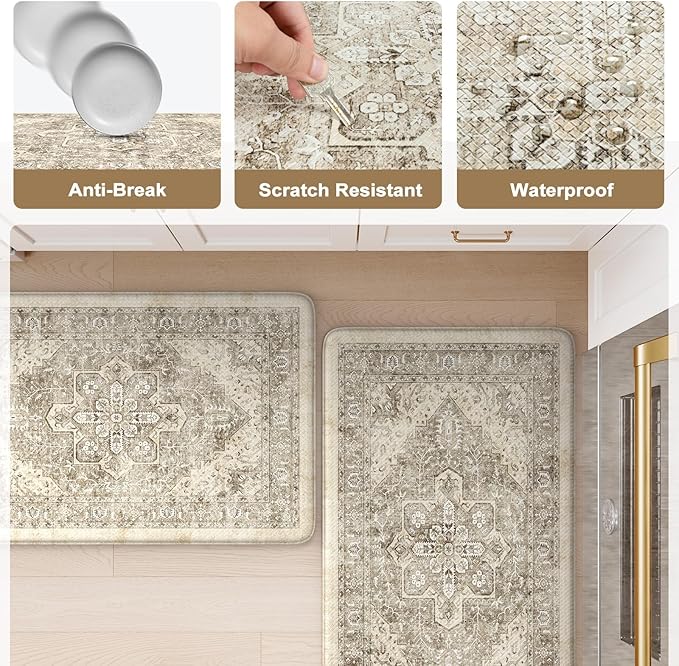 KIMODE Kitchen Mat for Floor Cushioned Anti Fatigue, Boho Vintage Kitchen Rugs Sets of 2, Non Slip Waterproof Kitchen Floor Mats, Comfort Standing Mats for Sink Laundry Desk Khaki 20"x59"+20"x32"