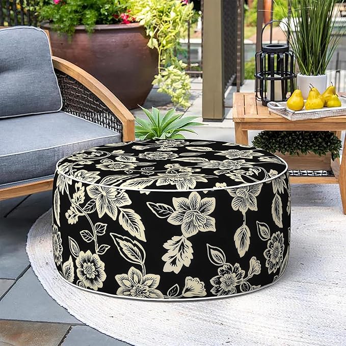 Indoor/Outdoor Inflatable Ottoman, Water Repellent Round Foot Rest Ottomans D31 x H14 inch, Portable Footstool for Patio Garden Camping or Home, Elegant Vines Black