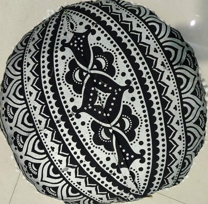 INDIAN CRAFT CASTLE 24" Black Silver Mandala Barmeri Large Floor Pillow Cover Cushion Meditation Seating Ottoman Throw Cover Hippie Decorative Zipped Bohemian Pouf Ottoman Pom Pom Cases 24" Round