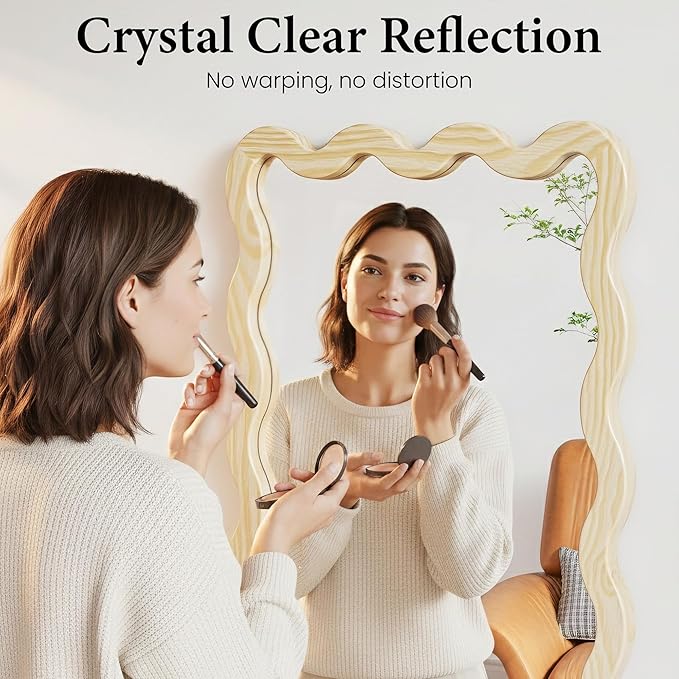 24"x36" Wood Bathroom Mirror & Wavy Wall Mirror, Large Solid Wood Asymmetrical Mirror for Vanity, Natural Wooden Frame Squiggle Mirror, Japandi Boho Aesthetic Decor