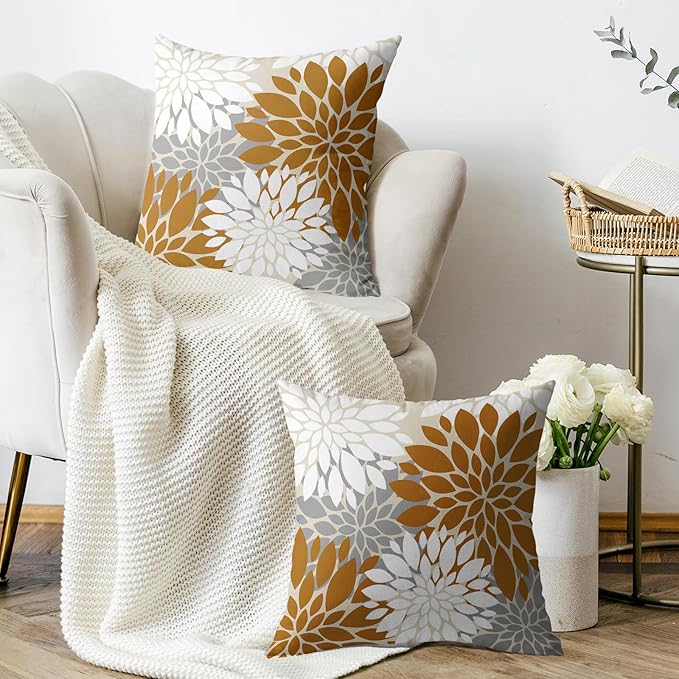 Mustard Yellow White Grey Gray Pillow Covers 22X22 Inch Set of 2, Modern Dahlia Floral Print Decorative Throw Pillow Covers Outdoor Farmhouse Cushion Case for Home Couch Sofa Bed Decoration