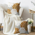 Mustard Yellow White Grey Gray Pillow Covers 16X16 Inch Set of 2, Modern Dahlia Floral Print Decorative Throw Pillow Covers Outdoor Farmhouse Cushion Case for Home Couch Sofa Bed Decoration