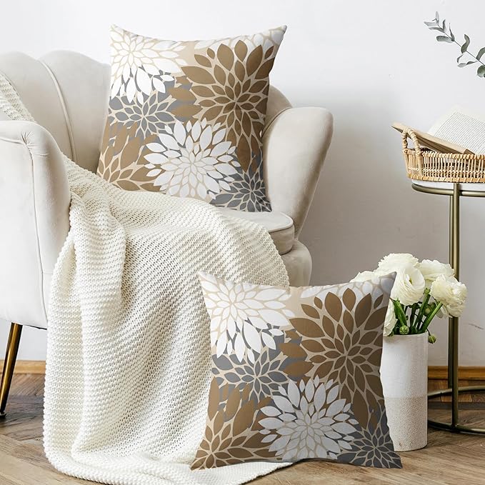 Brown White Grey Gray Pillow Covers 24X24 Inch Set of 2, Modern Dahlia Floral Print Decorative Throw Pillow Covers Outdoor Farmhouse Cushion Case for Home Couch Sofa Bed Decoration