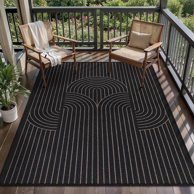 Tangsoo Black Geometric Rainbow Easy Jute Area Rug,4x6 Washable Thin Rug for Patio,Non Slip Rubber Backing Indoor Outdoor Carpet Boho Farmhouse Throw Mat for Front Porch Bedroom Living Room