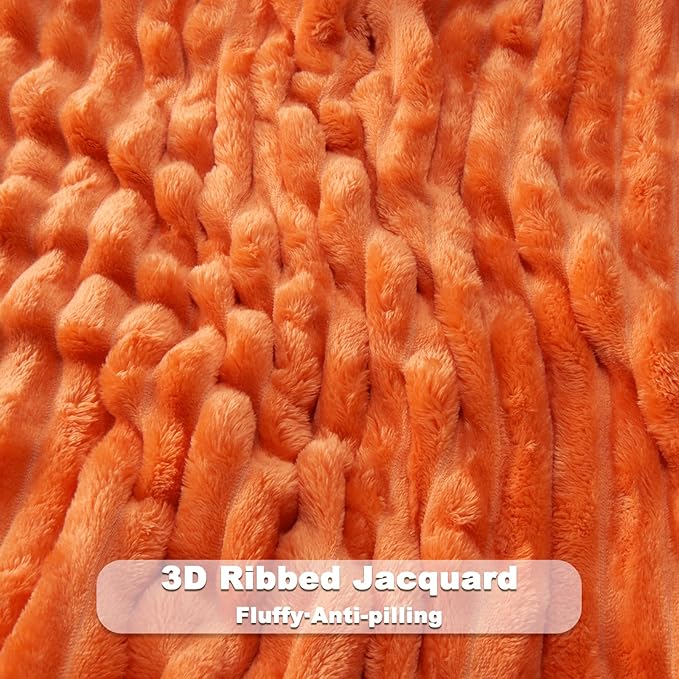 NEWCOSPLAY Super Soft Fall King Blanket Orange Premium Silky Flannel Fleece 3D Ribbed Jacquard Lightweight Bed Blanket All Season Use (Orange Ribbed, King(90"x110"))