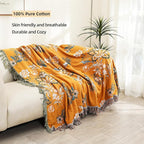 Boho Large Throw Blanket, 100% Organic Cotton Breathable Soft Bed Throw - Floral Bird Farmhouse Decor Blanket for Sofa Couch Chair Quilt and Gift. (Flower-Art, 91" x 98")