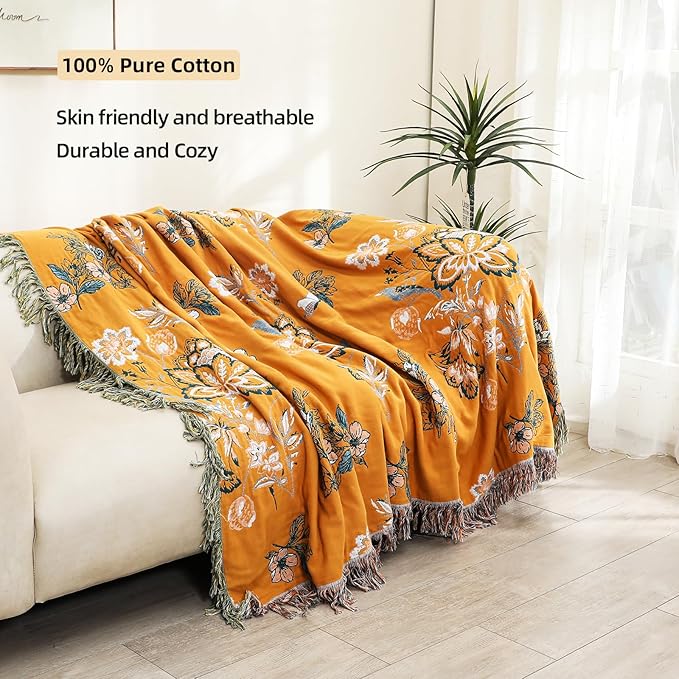 Boho Large Throw Blanket, 100% Organic Cotton Breathable Soft Bed Throw - Floral Bird Farmhouse Decor Blanket for Sofa Couch Chair Quilt and Gift. (Flower-Art, 91" x 98")