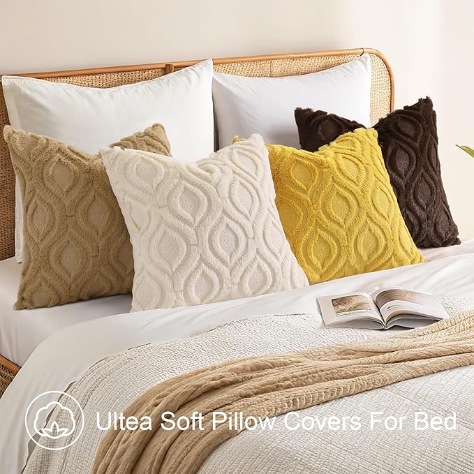 decorUhome Cozy Textured Throw Pillow Covers 16x16 Inch Set of 2, Soft Plush Faux Wool Mustard Yellow Accent Couch Pillow Covers for Modern Farmhouse Sofa Bed Living Room