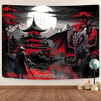 Anime Samurai Tapestry, Cool Red and Black Medieval Fantasy Dragon Tapestry Wall Hanging for Men, Mountain Forest Nature Sunset Dark Asia Japanese Tapestries Aesthetic for Living Room College, 40X30