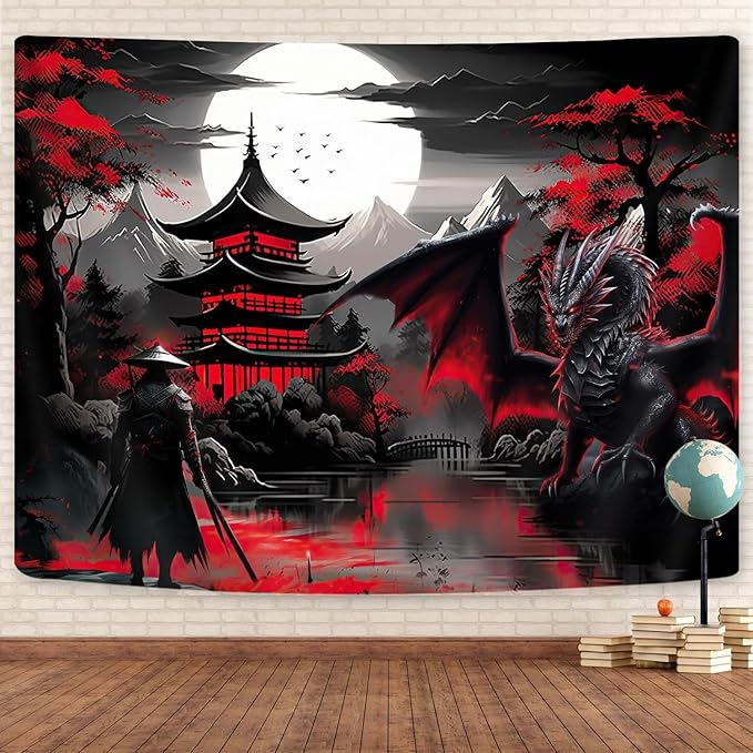 Anime Samurai Tapestry, Cool Red and Black Medieval Fantasy Dragon Tapestry Wall Hanging for Men, Mountain Forest Nature Sunset Dark Asia Japanese Tapestries Aesthetic for Living Room College, 80x60