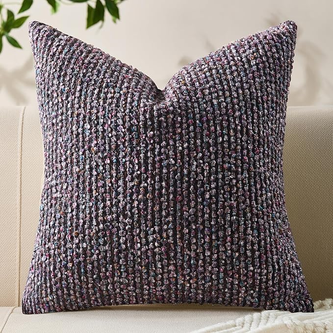 Decorative Couch Throw Pillow Covers 18x18 Purple Striped Soft Wool Pillow Covers Neutral Textured Boho Cushion Covers for Modern Farmhouse Sofa Bedroom Living Room Decor SY011-E18