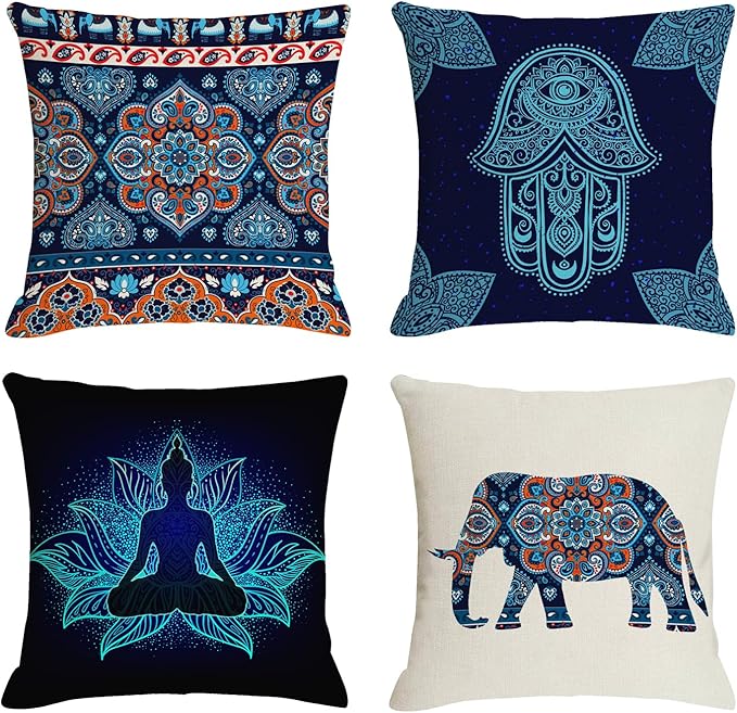 Jartinle Navy Mandala Pattern Throw Pillow Covers 18x18 Set of 4 Boho Accents Decorative Throw Pillows for Couch, Sofa, Outdoor Patio Bohemian Decor