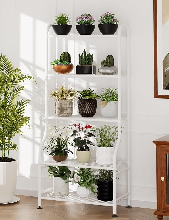 5-Tier Metal Plant Stand - Heavy Duty Indoor Outdoor Flower Shelf for Multiple Pots, 65" Tall Vertical Holder with Adjustable Leveling Feet & Wall-Fixing Kits, White