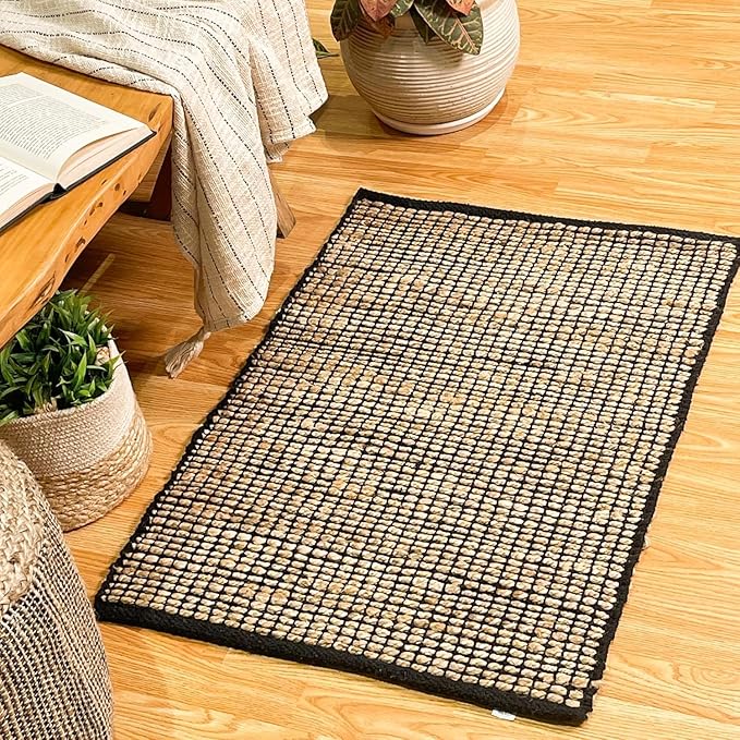 Chardin home 2x3 Jute Cotton Hand Woven Rug | Braided Doormat, Boho, Rustic, Natural Jute/Black | Farmhouse Vintage Area Rugs for Bedroom, Living Room, Kitchen, and entryways