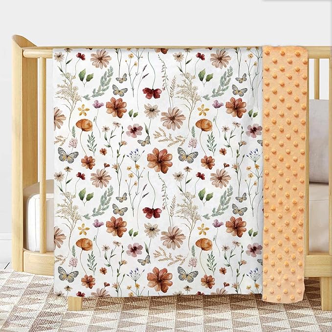Wildflower Baby Blanket for Girls, Boho Flower Toddler Soft Minky Blanket with Double Layer Dotted Backing, Nursery Newborn Baby Receiving Blanket Butterfly Flower Garden, 30"x40"