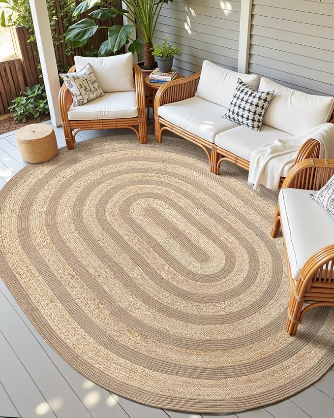 DEXI Jute Area Rug Natural Fiber 8x10 Oval, Woven Braided Durable Farmhouse Design Rugs for Living Room, Bedroom Dinning Room Office Outdoor Patio, Natural/Beige