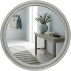 30 Inch Round Farmhouse Mirror for Bathroom Vanity, Distressed Grey Solid Wood Wall Mirror - Rustic Weathered Gray Beaded Circle Mirror for Industrial Decor
