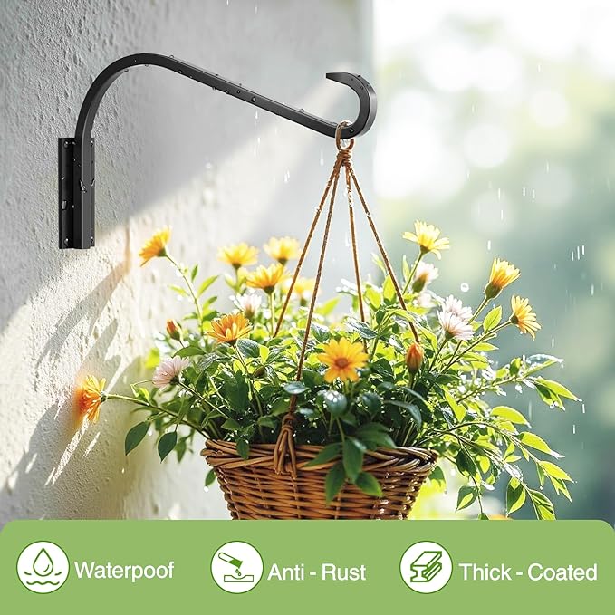 12 Inch 2 Pack Plant Hangers for Indoor/Outdoor Wall Mount - Heavy Duty Hanging Plant Holder & Bird Feeder Hooks, Decorative Black Metal Wall Hangers for Plants, Flower Baskets