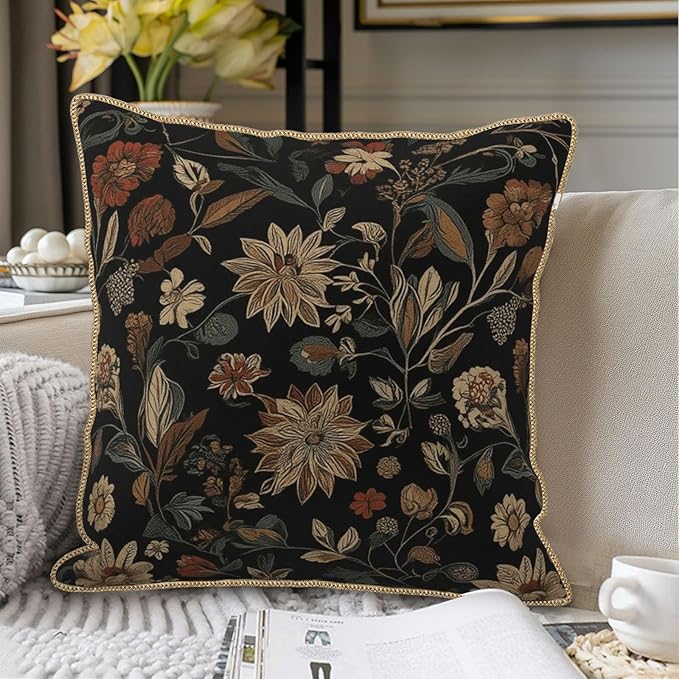 KSLIDS Vintage Floral Brown Black Soft Velvet Throw Pillow Covers Set of 2 Retro Boho Flower Leaves Decorative Pillow Covers 20x20 Inch Bohemian Pillow Case for Sofa Couch Farmhouse Home Decor