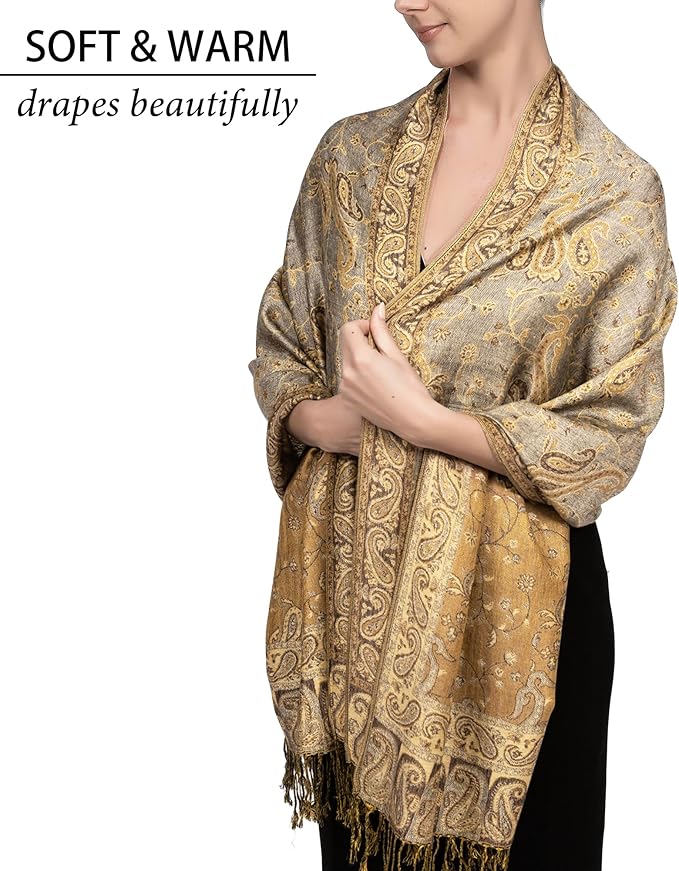 Achillea Reversible Paisley Pashmina Rave Scarf – Exotic Indian Shawls and Wraps for Evening Dresses, Festivals, All Seasons