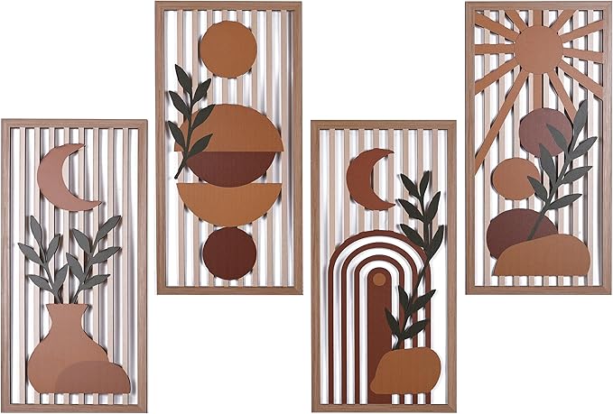 Orange Boho Wall Art Set of 4, Abstract Geometric Wooden Terracotta Wall Decor, Mid-Century Modern Aesthetic Artwork with Arch, Vase & Botanical Design for Modern Home Decor for Bedroom, Office & Living Room(B)
