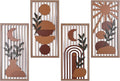Orange Boho Wall Art Set of 4, Abstract Geometric Wooden Terracotta Wall Decor, Mid-Century Modern Aesthetic Artwork with Arch, Vase & Botanical Design for Modern Home Decor for Bedroom, Office & Living Room(B)
