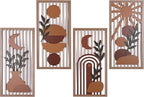 Orange Boho Wall Art Set of 4, Abstract Geometric Wooden Terracotta Wall Decor, Mid-Century Modern Aesthetic Artwork with Arch, Vase & Botanical Design for Modern Home Decor for Bedroom, Office & Living Room(B)