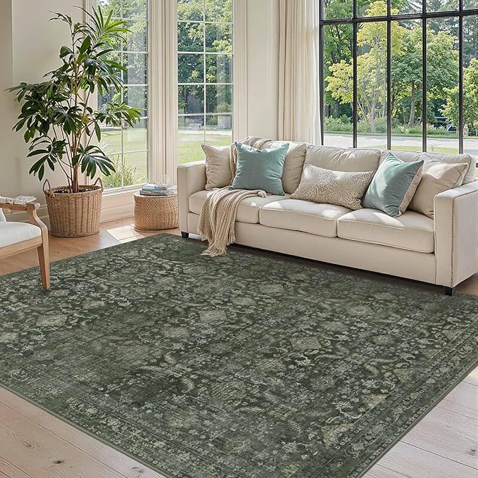 5x7 Area Rugs for Living Room Bedroom, Washable Rug, Green Vintage Floral Boho Rug, Non Slip & Low Pile Faux Wool Thin Carpet for Indoor Dining Room and Kids Room(Green 5x7ft)