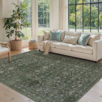 5x7 Area Rugs for Living Room Bedroom, Washable Rug, Green Vintage Floral Boho Rug, Non Slip & Low Pile Faux Wool Thin Carpet for Indoor Dining Room and Kids Room(Green 5x7ft)