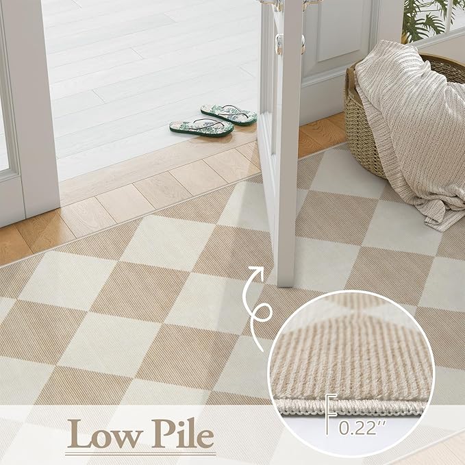 Beeiva Checkered Print Washable Indoor Door Mats for Entryway, 2x3 Non Slip Ultra Thin Bathroom Rugs Fit Under Door, Moroccan Diamond Decor Beige Small Rugs for Bedroom Kitchen Laundry Entrance