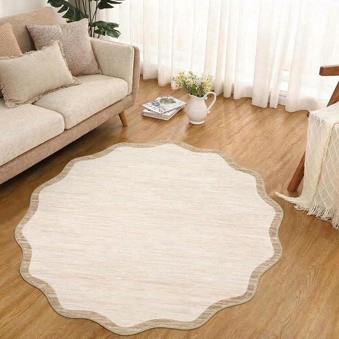 GarveeHome Scalloped Round Area Rugs 4ft, Washable Small Non-Slip, Soft Boho Ultra-Thin Circle Low Pile Stain Resistant Carpet for Bedroom Entryway Kitchen Laundry Bathroom, Beige
