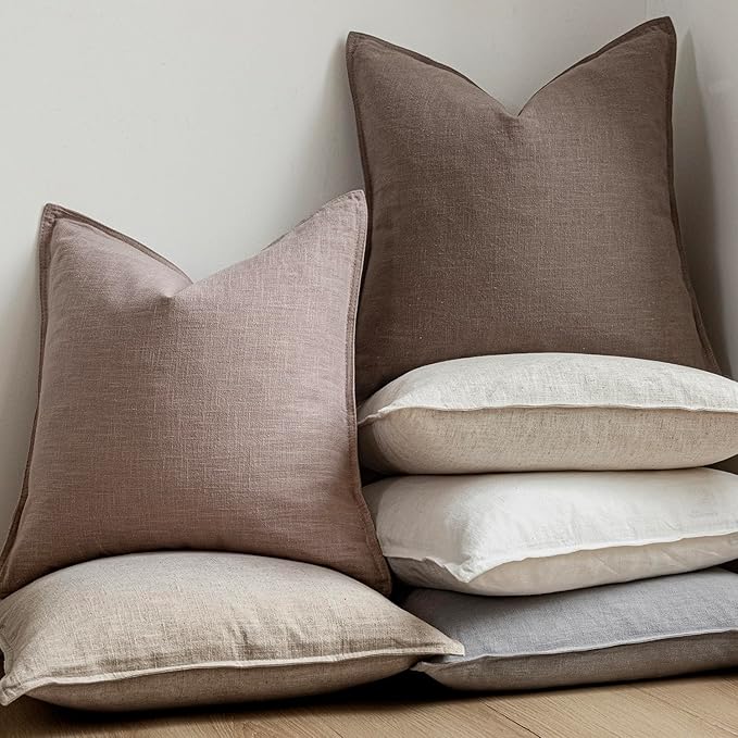 Foindtower Set of 2, Decorative Linen Soild Throw Pillow Covers Soft Accent Euro Cushion Case Boho Farmhouse Pillowcase for Chair Couch Sofa Bedroom Living Room Home Decor 18 x 18 Inch Dusty Pink