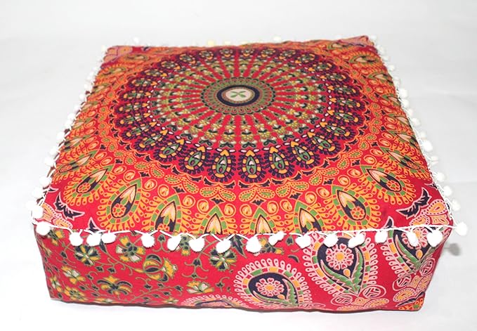 CRAFT KALA Red Peacock Large Hippie Mandala Meditation Floor Ottoman Pillow Cushion Pouf Cover Square Poufs Bohemian Circle Floor Cushion Case Outdoor Fireplace Yoga Living Room Decor Cover 18" Square