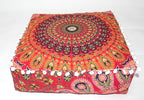 CRAFT KALA Red Peacock Large Hippie Mandala Meditation Floor Ottoman Pillow Cushion Pouf Cover Square Poufs Bohemian Circle Floor Cushion Case Outdoor Fireplace Yoga Living Room Decor Cover 16" Square