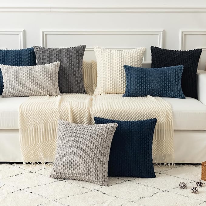 Kevin Textile 14x24 Inch Pillow Cover 1 Pack Boho Decorative Soft Striped Corduroy Lumbar Farmhouse Solid Color Accent Rectangle Cushion Case for Living Room Couch Sofa Bed, Blue