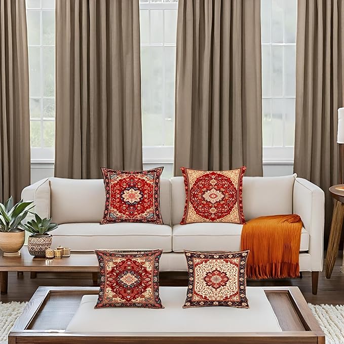 Jartinle Persian Medallion Throw Pillow Covers 18x18 Set of 4 Retro Boho Floral Ethnic Pillow Covers for Outdoor Sofa Couch Hippie Home Decor