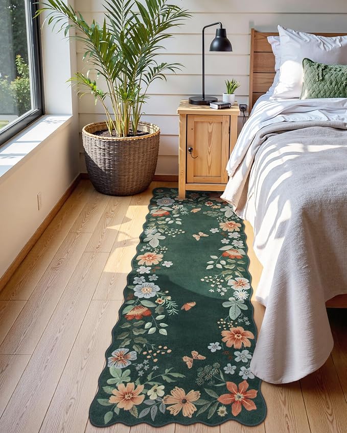 Lahome Floral Green Rugs for Entryway, 2X3 Washable Kitchen Rugs Non Slip Soft Rug, Ultra-Thin Indoor Door Mat Boho Small Throw Carpet for Bathroom Bedroom Flore (2x3ft, Dark Green)